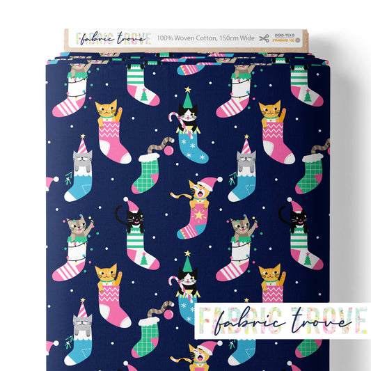 COTTON 100 - Christmas Kitty Navy